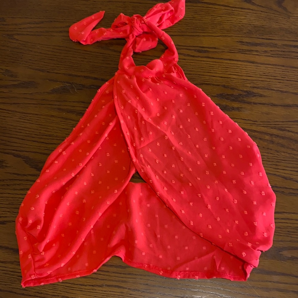SHEIN Red High Neck Wrap Halter Crop Top